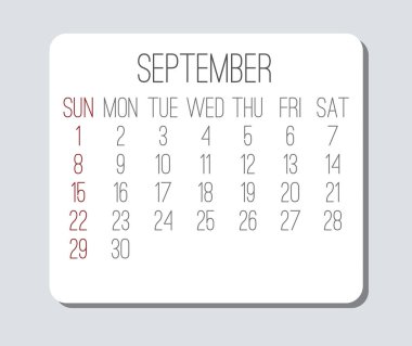 Eylül yılı 2019 aylık takvimi