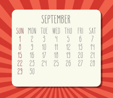 Eylül yılı 2019 aylık takvimi