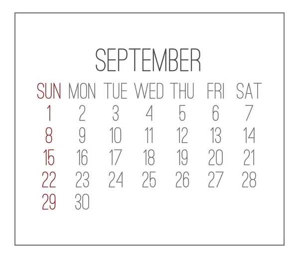 Año septiembre 2019 calendario mensual — Archivo Imágenes Vectoriales