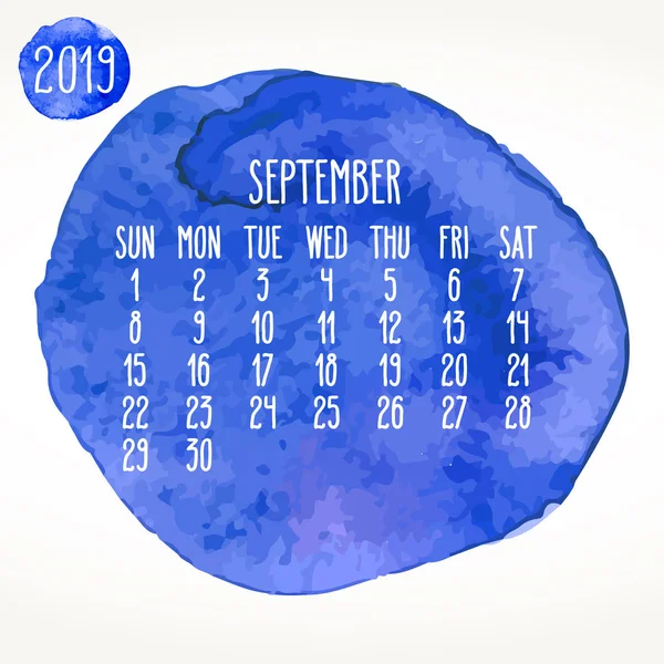 Septembre année 2019 aquarelle bleue peinture calendrier mensuel — Image vectorielle