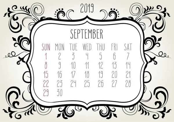 Σεπτέμβριος έτος 2019 μηνιαίο ημερολόγιο — Διανυσματικό Αρχείο