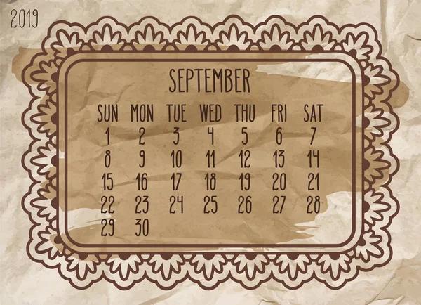Wrzesień rok 2019 rocznika miesięczny kalendarz — Wektor stockowy