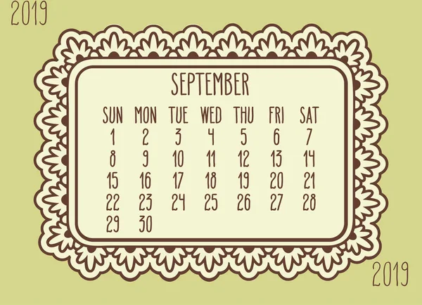 Año septiembre 2019 calendario mensual — Vector de stock