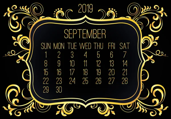 2019年9月月のゴールデンカレンダー — ストックベクタ