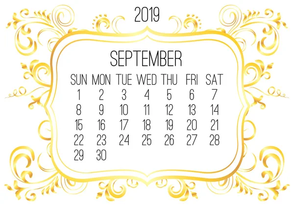 September Jahr 2019 monatlicher goldener Kalender — Stockvektor