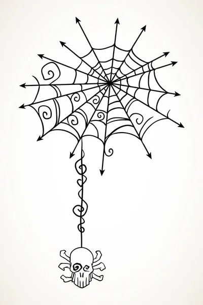 Halloween spiderweb with hanging skull — Stock Vector
