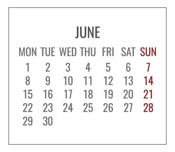 Junho Ano 2020 Vetor Mensal Calendário Branco Minimalista Simples Semana —  Vetores de Stock
