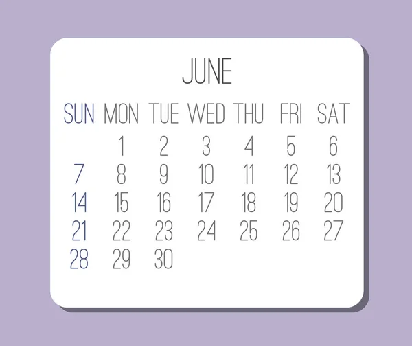 Haziran 2020 Vektör Sade Minimalist Açık Mor Takvim Hafta Pazar — Stok Vektör