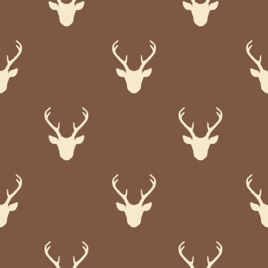 Geyik kafası siluetleriyle kusursuz desen. Vektör kahverengi ve bej arkaplan. Doğa hayvanlarının arka planı.