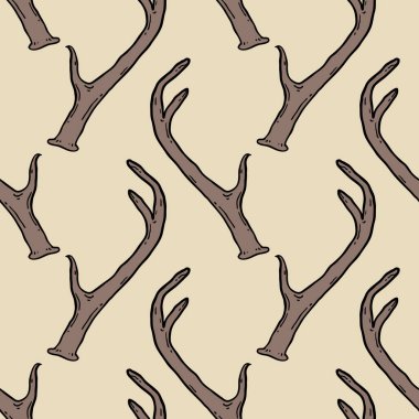 Geyik boynuzlarıyla kusursuz desen. Vektör arkaplan çizimi. Doğa hayvanı bej ve kahverengi arkaplan.