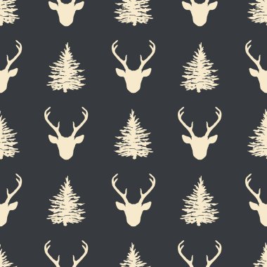 Geyik kafası ve köknar ağacı siluetleriyle kusursuz desen. Vector kış tatili Noel arkaplanı. Doğa hayvanlarının arka planı. 