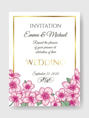 Vektör botanik çiçekli düğün davetiyesi. Pembe elma çiçekleri ve altın çerçeveli zarif bir kart şablonu. Tebrik kartı, doğal kozmetik ürünleri ve kadın ürünleri için romantik tasarım.