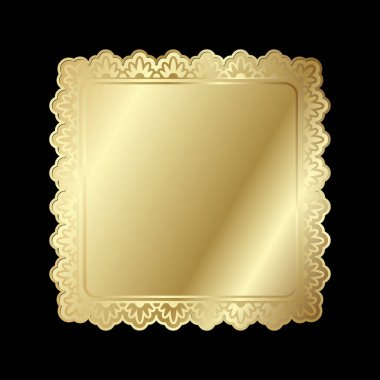 Siyah üzerine izole edilmiş altın renkli parlak kare çerçeve. Altın metal lüks, zarif, boş bir sınır. Vektör arkaplan resimleme şablonu.