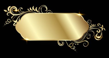 Golden shiny glowing ornate frame isolated over black. Gold metal luxury elegant blank border. Vector background illustration template. clipart