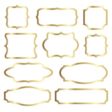 Golden shiny glowing vintage elegant frames set isolated over white background. Gold metal luxury blank rectangle borders. Vector background illustration template. clipart