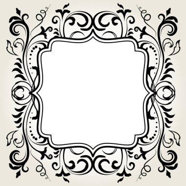 Beyaz üzerine siyah izole edilmiş zarif çiçekli boş çerçeve. Viktorya dönemi barok sınır vektörü arkaplan illüstrasyonu.