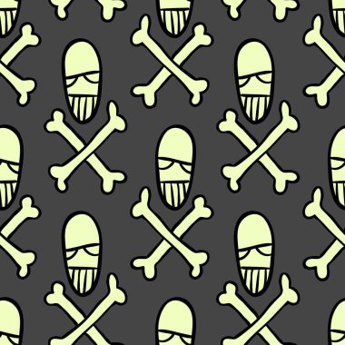 Vektör cadılar bayramı karalama kafatası ve kemiklerin kusursuz deseni. Parti posteri için tasarım arka planı. El çizimi karikatür çizimi. Koyu gri üzerine izole nesneler.