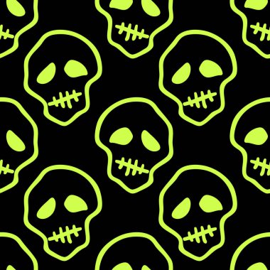 Vektör cadılar bayramı karalama kafatasları kusursuz desen. Parti posteri için tasarım arka planı. El çizimi karikatür çizimi. Asit yeşili üzerinde izole nesneler.
