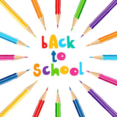 El çizimi vektör karalaması Okula çok renkli kelimeler ve beyaz arkaplan üzerine izole edilmiş bir demet renkli kalem.