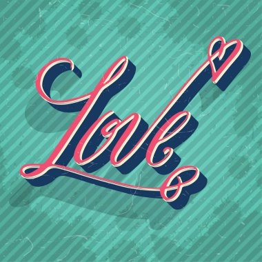 Sevgililer Günü tebrik kartı elle çizilmiş. Kırmızı Aşk harfleri desenli, eski, yeşil arka planda.