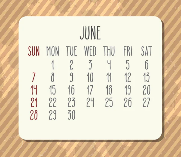 Calendario Mensile Vettoriale Giugno 2020 Settimana Partire Domenica Vintage Strisce — Vettoriale Stock