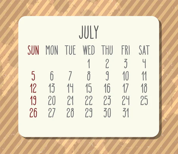 Ιούλιος 2020 Διανυσματικό Μηνιαίο Ημερολόγιο Εβδομάδα Ξεκινώντας Από Την Κυριακή — Διανυσματικό Αρχείο