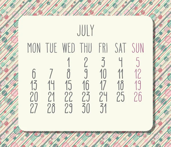 2020年7月ベクトル月次カレンダー 月曜日からの週 パステルカラーのドットとストライプライトデザイン — ストックベクタ