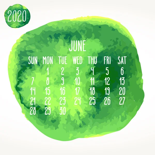 Червень 2020 Векторний Щомісячний Художній Календар Рука Намальована Акварельно Зеленим — стоковий вектор