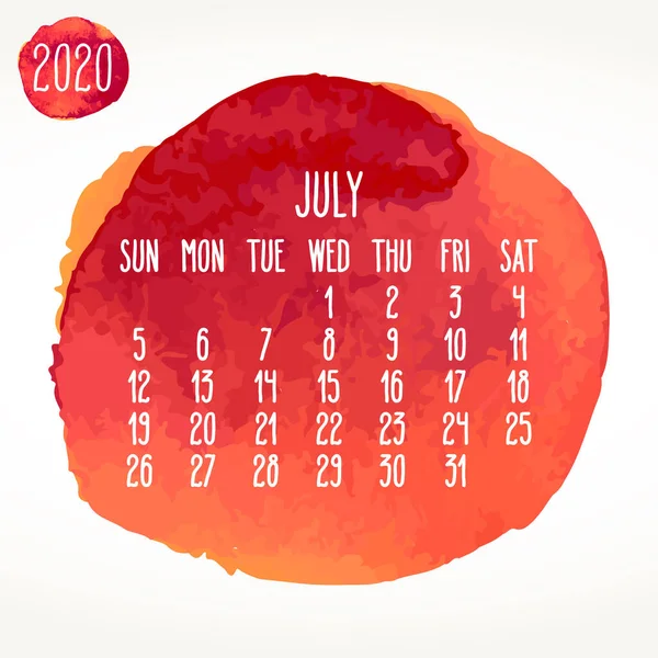 Červenec Rok 2020 Vektor Měsíční Umělecký Kalendář Ručně Kreslené Červené — Stockový vektor