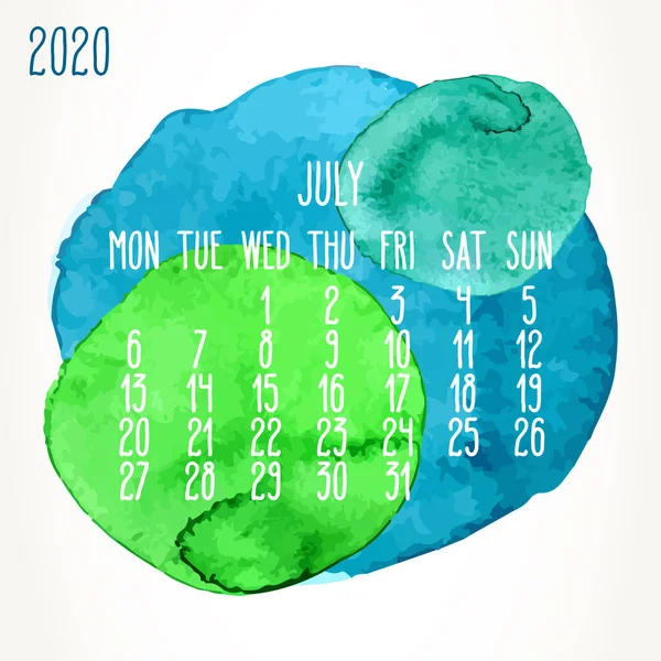 Červenec Rok 2020 Vektor Měsíční Umělecký Kalendář Ručně Kreslené Barevné — Stockový vektor
