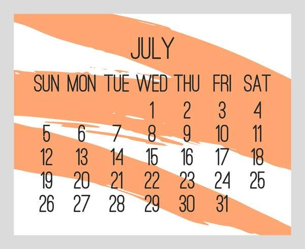 Juli Jaar 2020 Vector Maandelijkse Moderne Kalender Hedendaagse Handgetekende Oranje — Stockvector