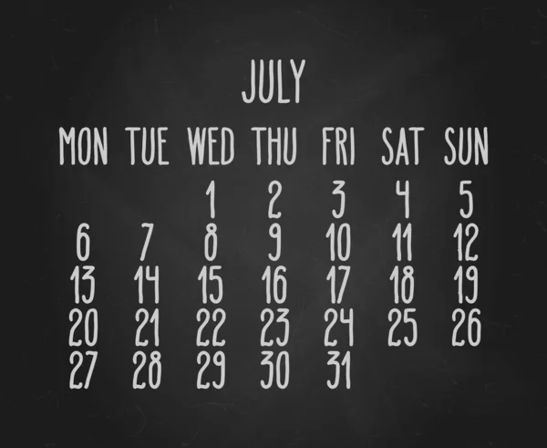 Calendario Vectorial Tiza Escrita Mano Para Julio 2020 Sobre Fondo — Archivo Imágenes Vectoriales