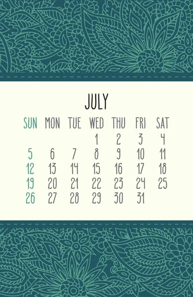 Ιούλιος 2020 Διανυσματικό Μηνιαίο Ημερολόγιο Πάνω Από Δαντελωτή Ζωγραφιά Περίτεχνο — Διανυσματικό Αρχείο