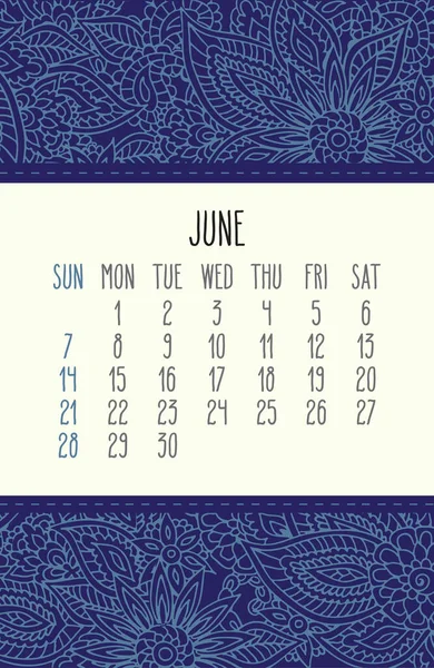 Ιούνιος 2020 Διανυσματικό Μηνιαίο Ημερολόγιο Πάνω Από Δαντελωτό Σκίτσο Περίτεχνο — Διανυσματικό Αρχείο
