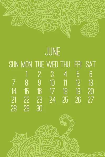 Juni Jaar 2020 Vector Maandelijkse Kalender Lacy Doodle Sierlijke Hand — Stockvector