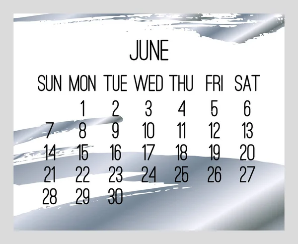 Junio Año 2020 Vector Calendario Moderno Mensual Diseño Contemporáneo Pincelada — Archivo Imágenes Vectoriales