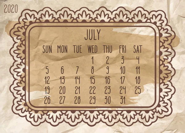 Julio Año 2020 Vector Calendario Mensual Diseño Marco Adornado Sobre — Vector de stock