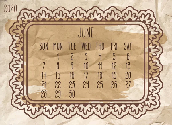 Junio Año 2020 Vector Calendario Mensual Diseño Marco Adornado Sobre — Vector de stock