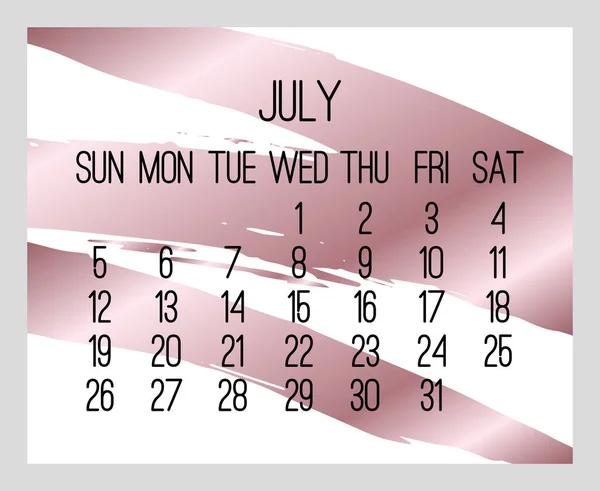 Julio Año 2020 Vector Mensual Calendario Moderno Diseño Contemporáneo Pincelada — Vector de stock