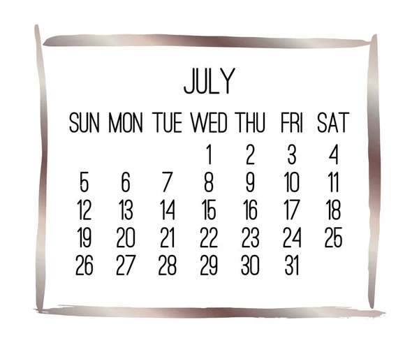 Julio Año 2020 Vector Mensual Calendario Moderno Diseño Contemporáneo Marco — Vector de stock