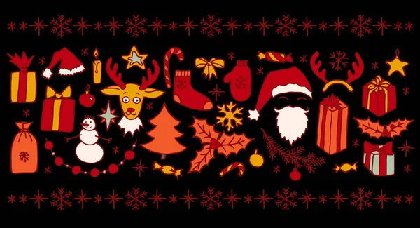 Handgezeichnete Weihnachtskritzelelemente Rot Und Orange Über Schwarz Weihnachtsmann Weihnachtsbaum Rentier — Stockvektor