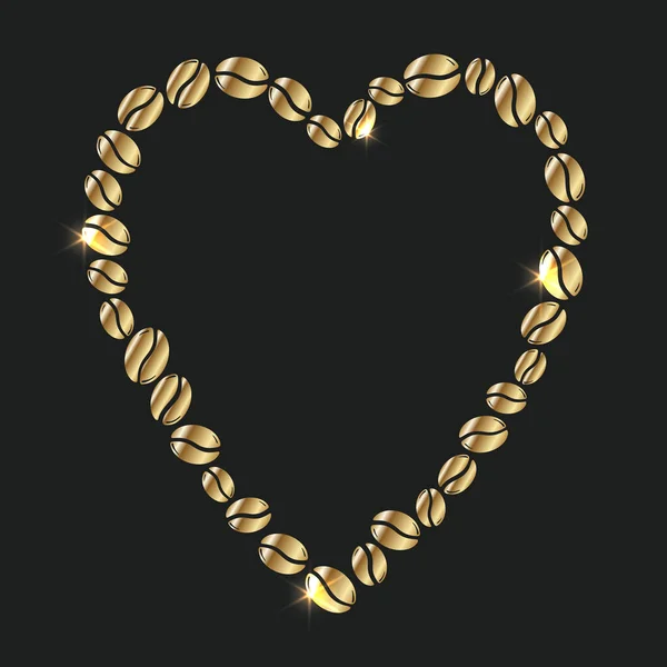 Grupa Ziaren Kawy Złotej Tworzących Serce Symbol Kofeiny Miłości Ręcznie — Wektor stockowy