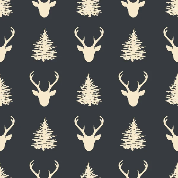 Seamless Pattern Deer Head Fir Tree Silhouettes Vector Winter Holiday — Stock Vector