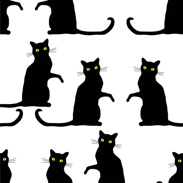 Traditionele Halloween Naadloos Patroon Met Enge Zwarte Katten Geïsoleerd Witte — Stockvector