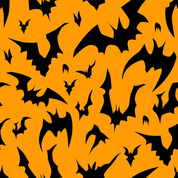 空飛ぶコウモリベクトルハロウィーンのシームレスなパターン パーティーポスターのデザインの背景 黒とオレンジで手描きの漫画イラスト — ストックベクタ