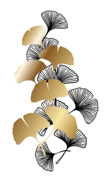 Гинкго Гинкко Билоба Черно Золотые Листья Природа Ботанический Золотой Вектор — стоковый вектор