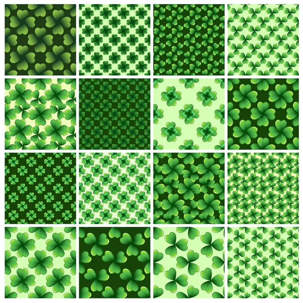 緑のクローバーはベクトルシームレスなパターンセットを残します 自然の春の背景 アイルランドの伝統的な聖パトリックの日のデザイン要素 — ストックベクタ