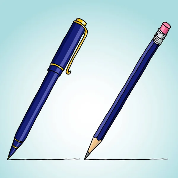 文房具セット手描きベクトルドアイラスト 淡い青の上に鉛筆とボールペン — ストックベクタ