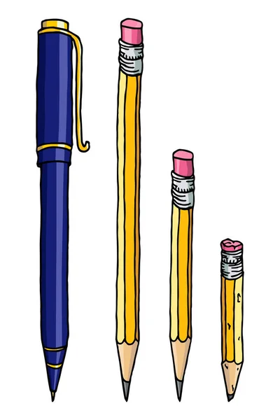 文房具セット手描きベクトルドアイラスト 白の上にグラファイトの鉛筆とボールペン — ストックベクタ