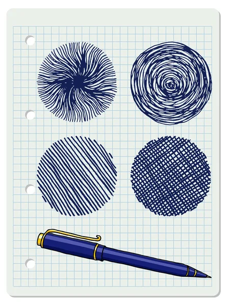 矢量自由形圆形笔划涂鸦空白框设置和蓝色圆珠笔 手绘边框图附在方格笔记本页上 — 图库矢量图片